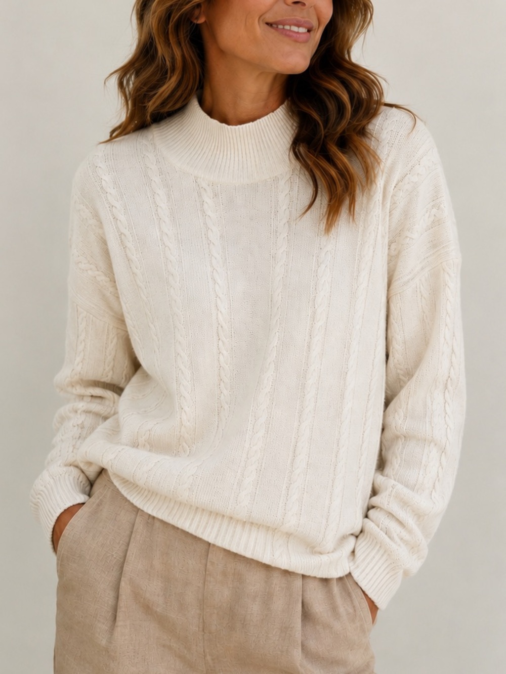 NAADAM Cashmere Cream Cable Knit Mock Neck Sweater